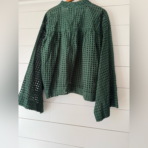 Asos Womens Eyelet Top Blouse Hunter Green Cotton Bell Sleeve Mock US Size 14 - Picture 5 of 8
